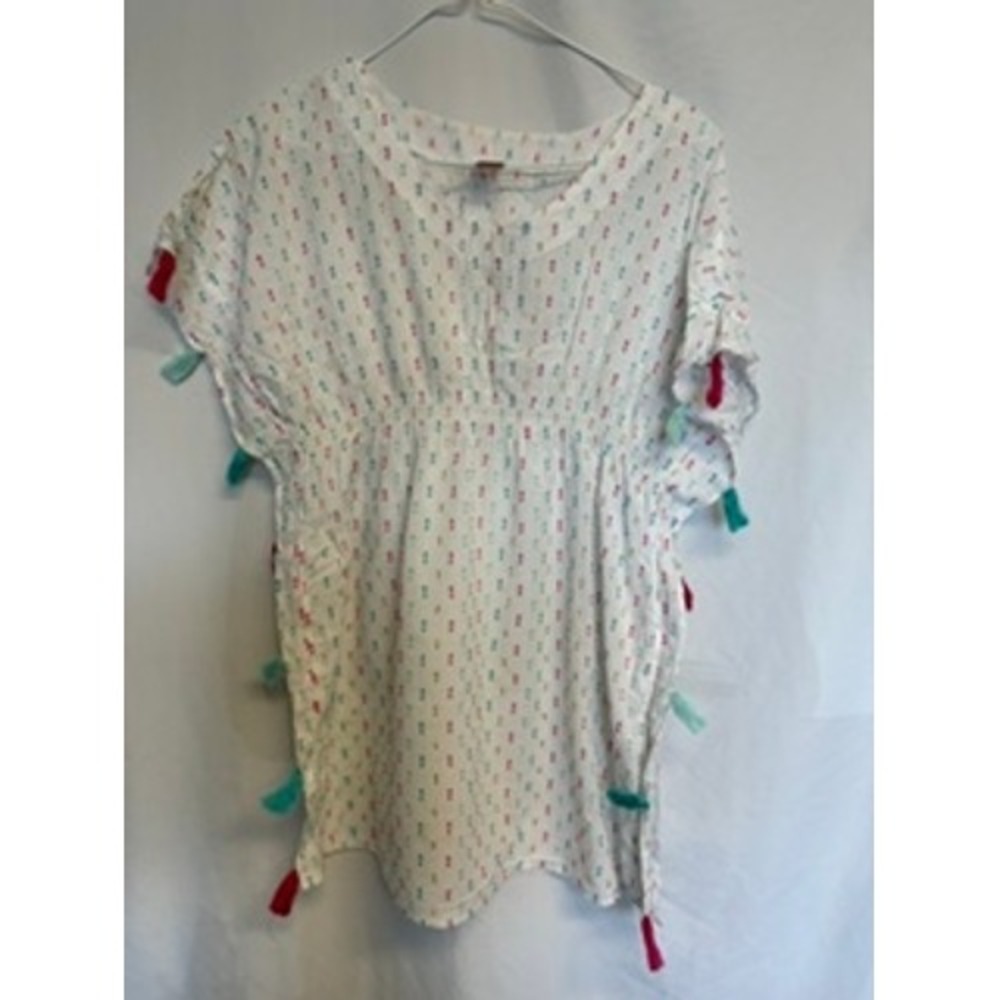 Cat & Jack Girls XL 14/16 White Tassel Smocked Waist Swim Cover Up Kaftan